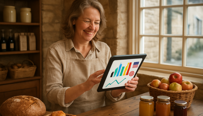 Happy Painswick shop owner examines tablet displaying Facebook and Instagram analytics alongside rising e-commerce graphs.