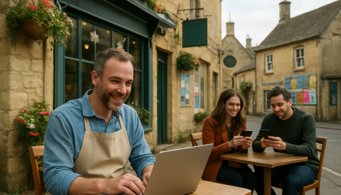 Cheerful café owner in Painswick composing emails on a laptop, with customers smiling at smartphones amid vibrant shop signs.
