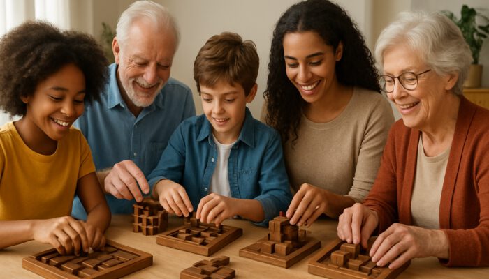 A diverse group of all ages engaged in solving Havana Brown puzzles, displaying focused and joyful expressions in a well-lit environment.