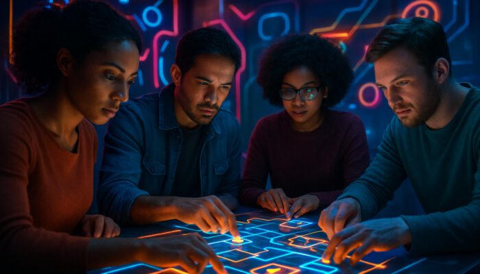 A diverse group of players solving glowing puzzles in a futuristic Havana Brown intelligence game setting.