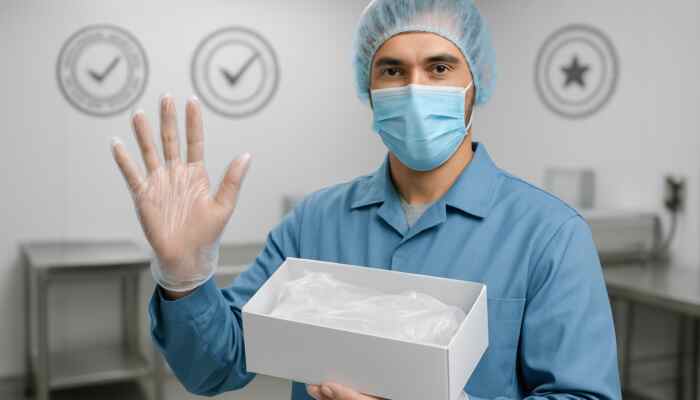 Harrow supplier showcases certified polythene gloves with UK compliance seals in a sterile hospital environment