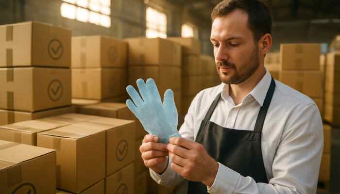 Catering manager inspecting certified bulk polythene gloves in a sunlit warehouse, surrounded by compliance boxes