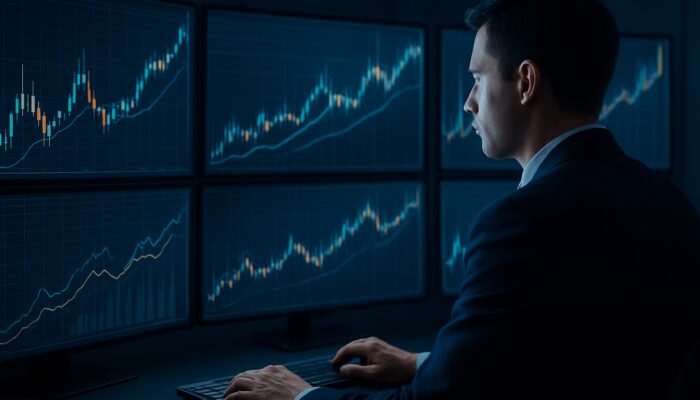 Trader executing IOC order on bright screens with balanced market charts in a control centre