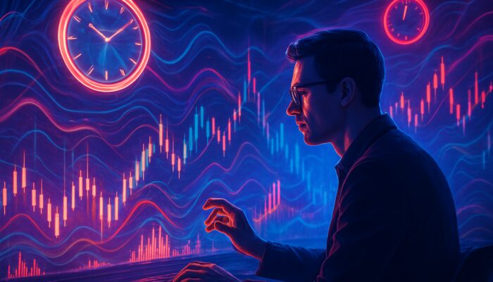 Focused trader timing order among holographic clocks, market depth charts, and volatility waves in a neon command centre.