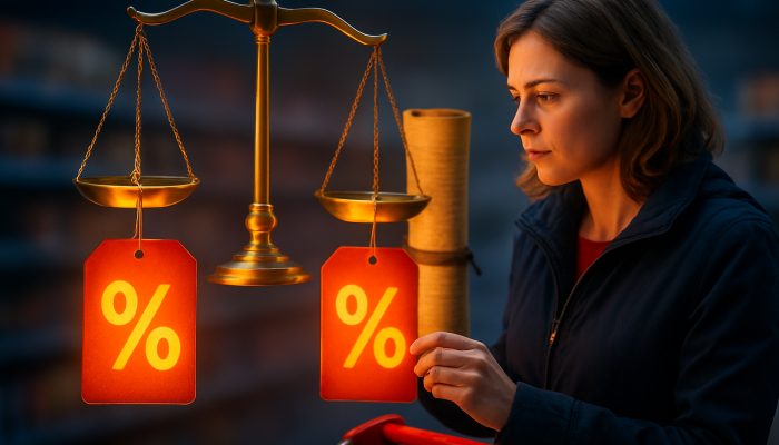British shopper comparing glowing offers under scales of justice and UK legal scrolls for compliance