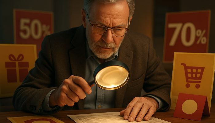 Consumer examines fine print on contracts with glowing magnifying glass amid tempting offers