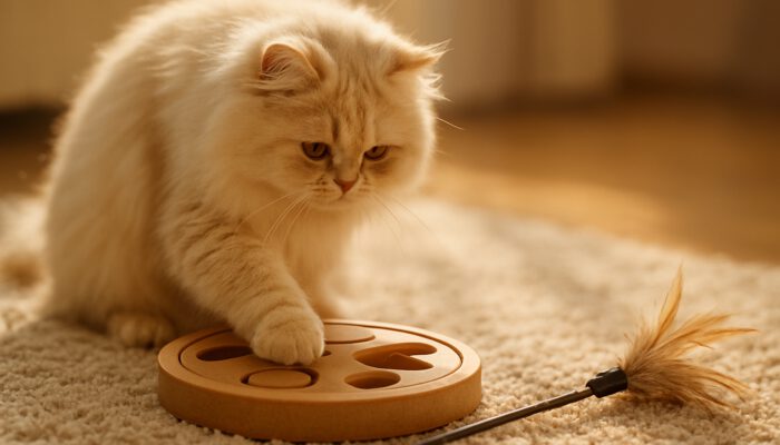Persian cat playing with puzzle toy and feather wand on sunny rug for enrichment