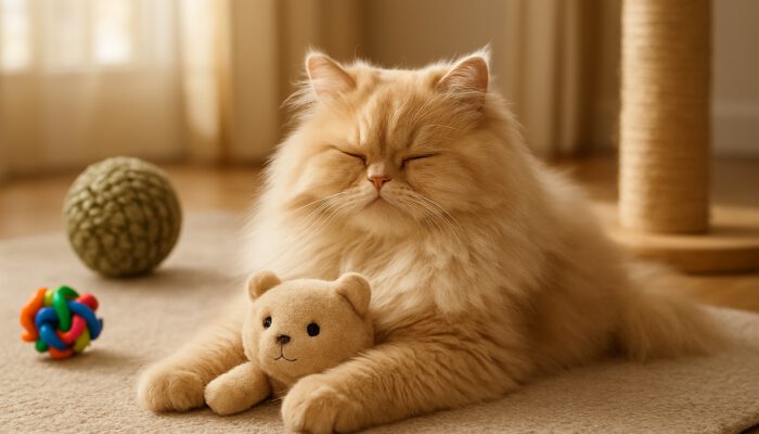 Fluffy Persian cat lounging with soft plush toy in elegant sunlit room