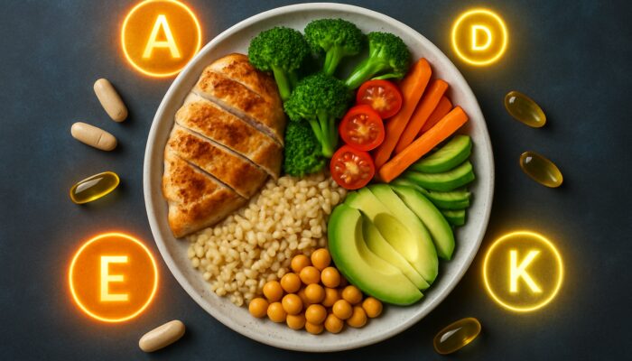 Balanced plate displaying sections for protein, carbohydrates, and fats alongside supplement capsules and vitamin icons