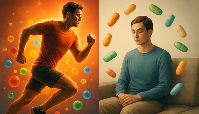 Illustration contrasting an energetic athlete with antioxidant multivitamins against a calm sedentary individual with nutrient capsules.