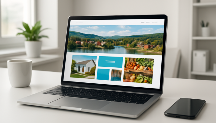 Laptop showcasing an elegant Kingswood website redesign for small businesses with organised layouts and mobile previews.