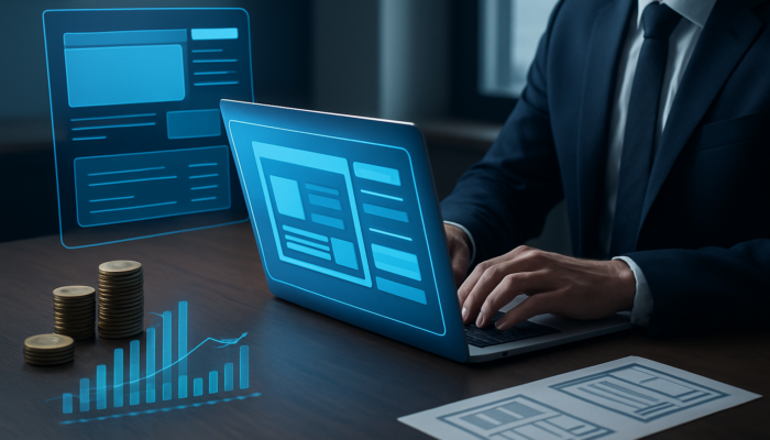 Businessman planning budget for Kingswood website redesign on laptop with financial charts, coins, and mockups