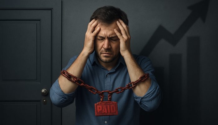 How Missed Payments Impact Future Loan Opportunities: UK Consequences | DCL Stressed borrower trapped by missed payments before locked mortgage and loan doors with increasing insurance costs