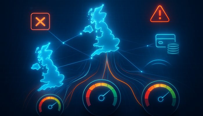 How Missed Payments Impact Future Loan Opportunities: UK Consequences | DCL Futuristic digital web linking UK credit agencies Experian, Equifax, TransUnion with score meters and payment alerts