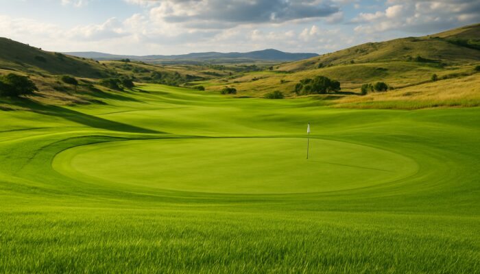 Vibrant kikuyu and buffalo grass fairways on a scenic South African Highveld golf course.
