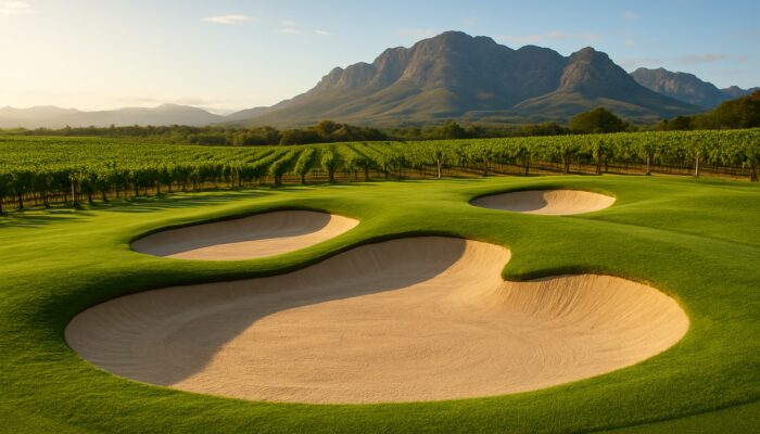 Lush Cape Winelands golf bunkers featuring fine sand, surrounded by vineyards and rolling mountains.