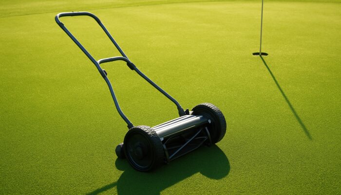 Lightweight mower gliding across a sunlit golf putting green.