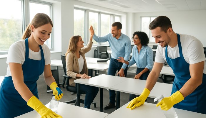 Professional cleaners sanitising a bright modern office while cheerful employees collaborate energetically