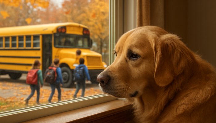 A sad golden retriever watches kids board a school bus from a window, illustrating the pet's back-to-school adjustment.