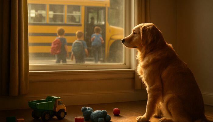 A lonely golden retriever watches kids board a school bus from a sunlit window.