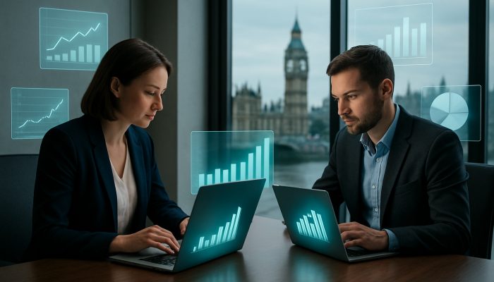 Utilising Cash Flow Tools Before Additional Borrowing: Essential Strategies | DCL British SME owners analysing cash flow dashboards on laptops in sleek London office with UK landmarks.
