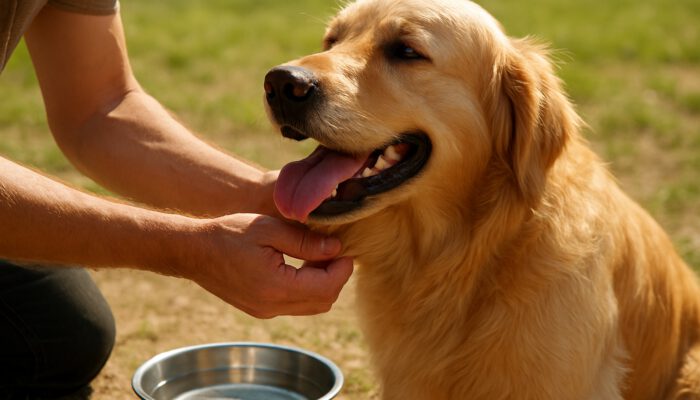 Owner testing hydration by pinching golden retriever's neck skin near water bowl