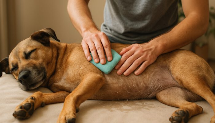 Owner gently applying room-temperature water on relaxed dog's abdomen and paws for cooling