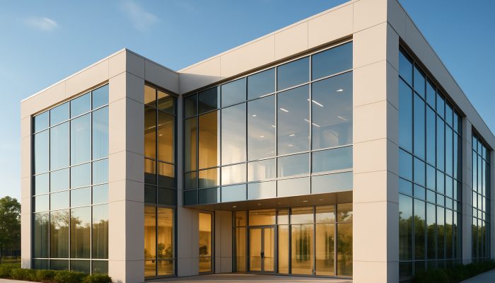 Modern commercial building with pristine gleaming windows and sunlit welcoming interiors.