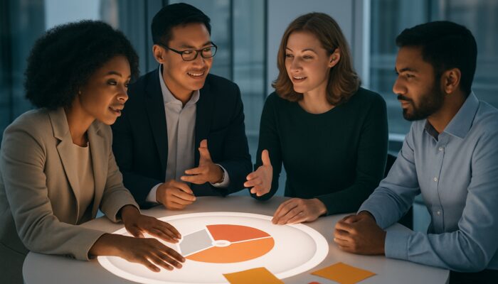 A diverse group of professionals collaborating around a table with risk charts, exemplifying inclusive risk management feedback.