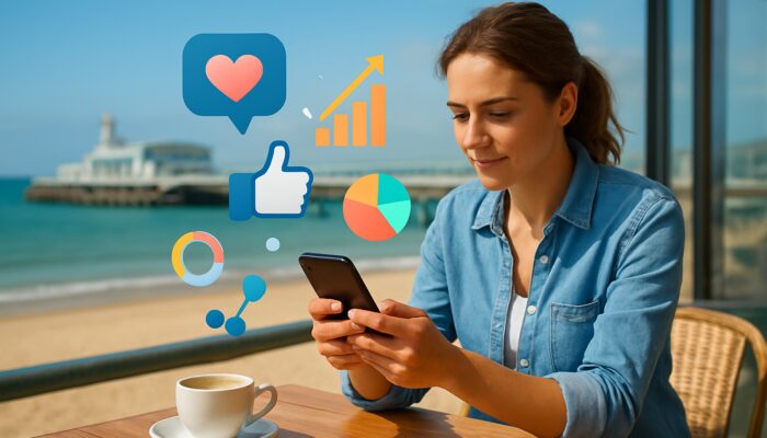 Small business owner developing a social media strategy on smartphone in Bournemouth beach café with charts and sea view