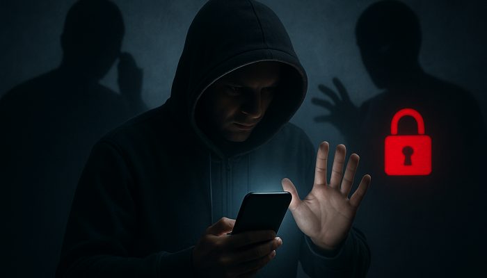 Never Share Codes With Callers or Texters: Stay Secure Today | DCL Cautious individual shields glowing smartphone from shadowy callers with "Stay Secure Now" red lock icon.