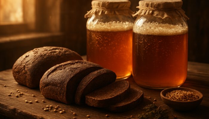 Rustic table displaying loaves of rye bread and jars of bubbling homemade kvass illuminated by warm light