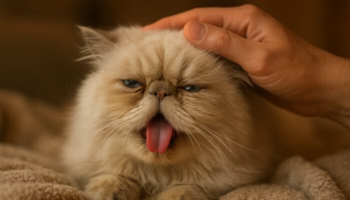 Persian cat panting with laboured breaths, comforted by a hand on a cosy blanket