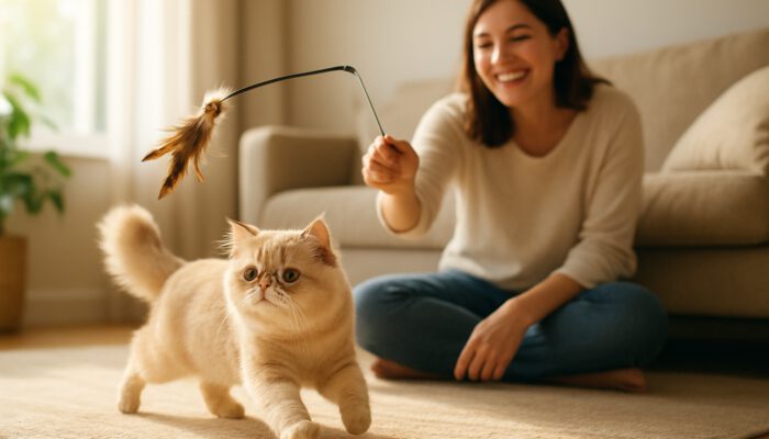 Slim Persian cat chasing a feather toy in a sunlit living room with a smiling owner