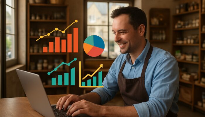 Small business owner in Tidworth reviewing analytics dashboard with engagement graphs in their shop