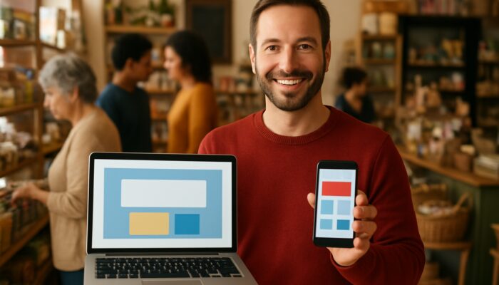 Shop owner in Tidworth showcases a mobile-optimised website on a laptop while communicating with customers on a smartphone.