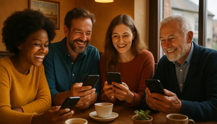 Kingsbridge locals smiling in cozy cafe during live social media Q&A on smartphones