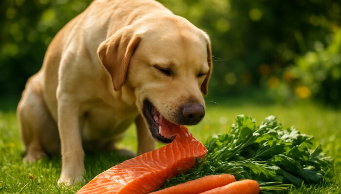 Happy Labrador enjoying raw salmon and vegetables in a sunny garden, promoting natural pet wellness