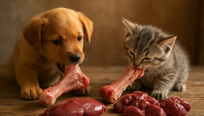 Playful puppy and kitten chewing on raw bones next to organ meats on a wooden table.