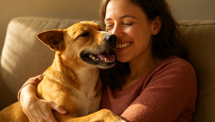 Rescue dog lovingly nuzzling a smiling owner on a sunlit couch, embodying affection and healing through adoption
