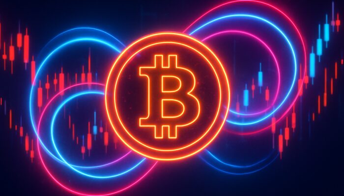 Neon Bitcoin coin inverting amidst plummeting candlestick charts in volatile crypto market dynamics