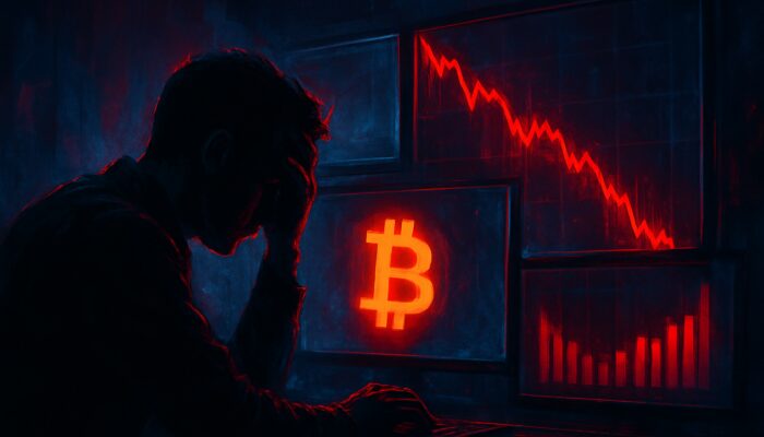 Crypto trader observes Bitcoin charts dropping with red liquidation alerts on illuminated screens