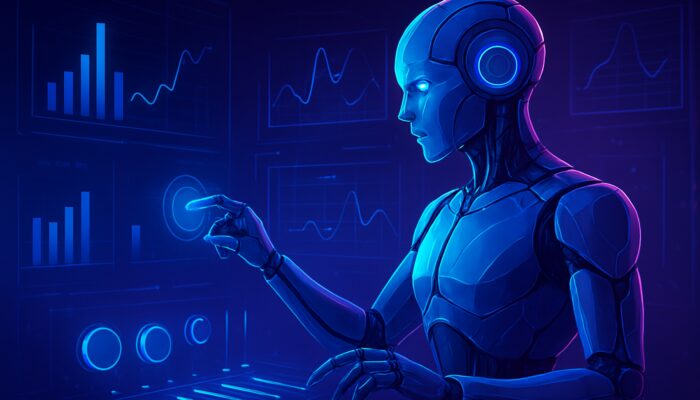 Cybernetic bot fine-tuning holographic optimisation sliders amid data graphs in neon control room