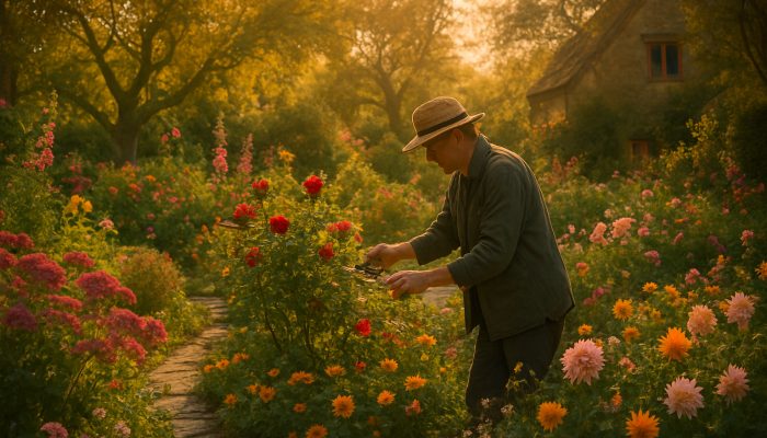 Gardener pruning roses in a lush Martock cottage garden at golden hour, surrounded by stone paths.