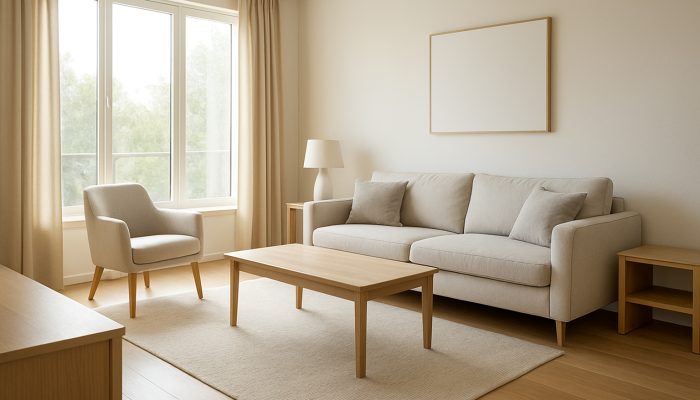 Bright modern living room with arranged surfaces and tidy furniture ready for professional cleaning.