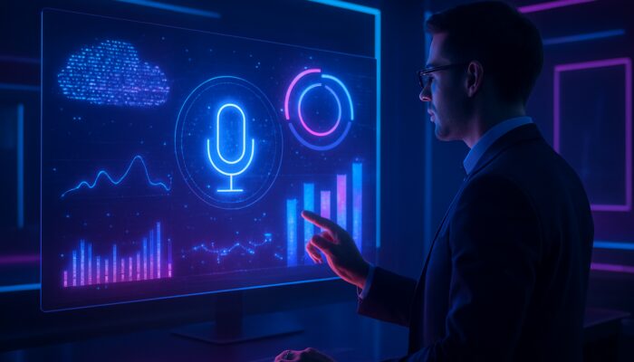Futuristic marketer analyzing holographic voice search trends and keyword clouds on digital dashboard