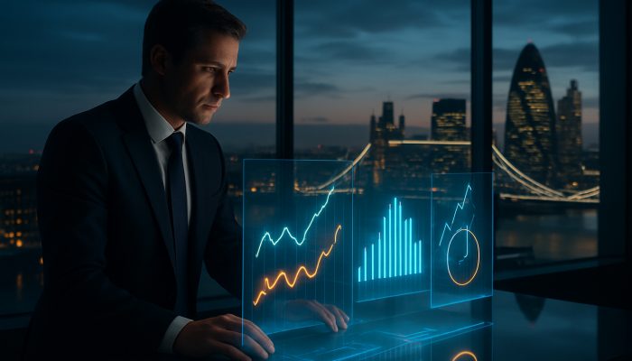 Analyst examining holographic UK inflation and market charts in a sleek London office at dusk