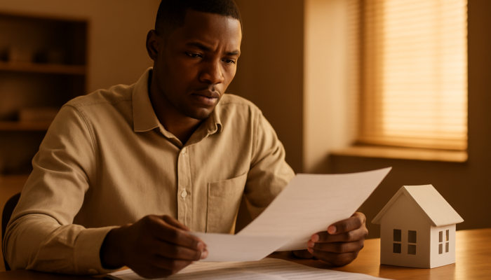 Dedicated South African applicant reviewing payslips and contracts for home loan in bank.