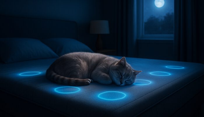 Calm pet sleeping on a sleek smart bed with glowing sensors in a softly lit bedroom