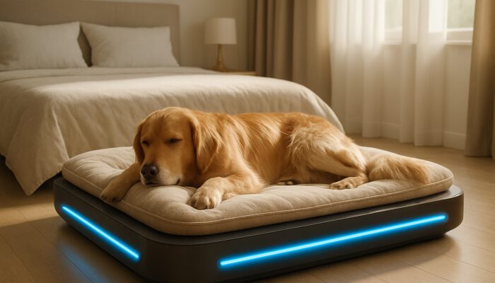 Golden retriever relaxing on a sleek temperature-regulated pet bed with cooling panels in a contemporary bedroom